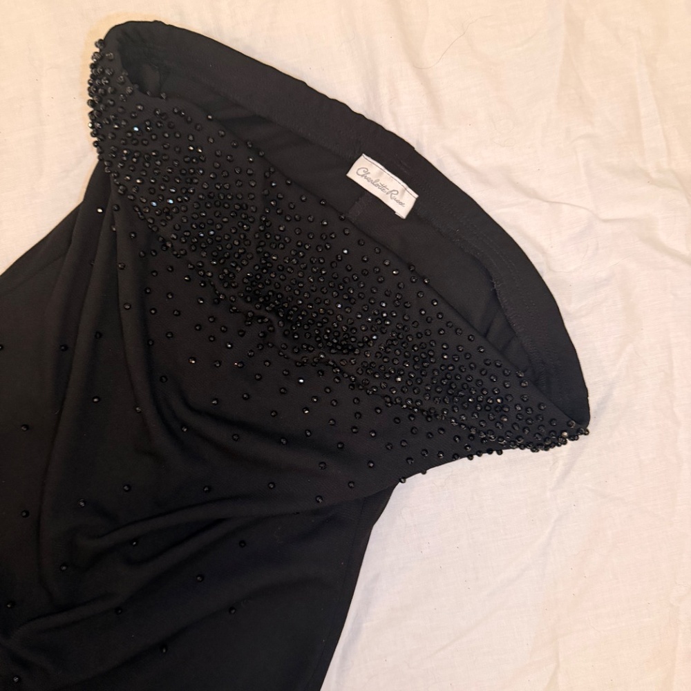 Black Strapless Beaded Dress Asymmetrical Hem Party Cocktail Size M - Picture 5 of 9